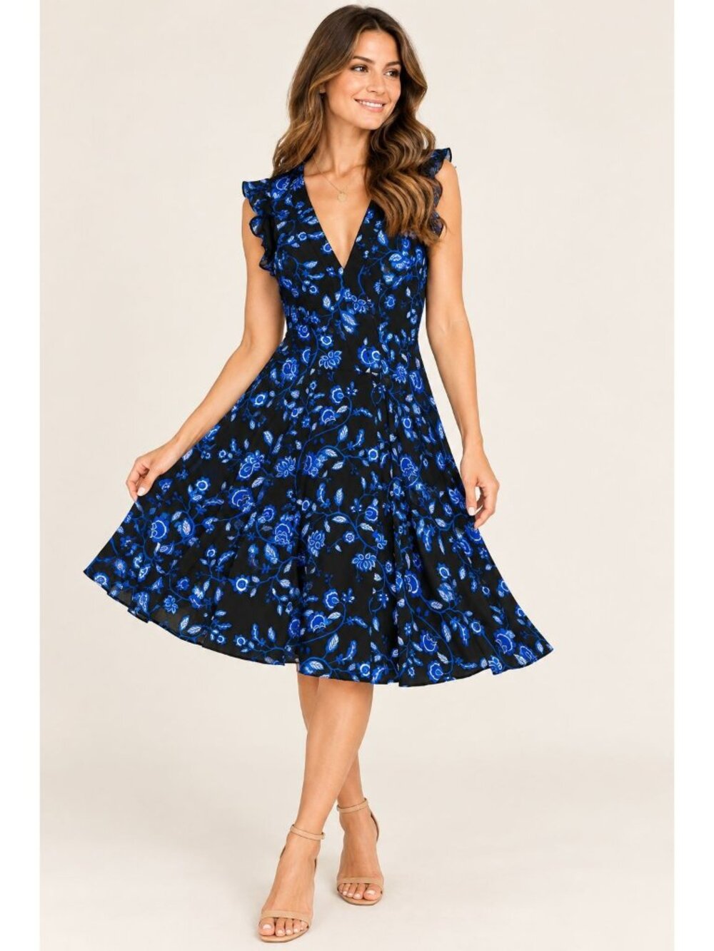 Rebecca Taylor Womens 2 Black Blue Floral Silk Dress Ruffle Fit & Flare Midi